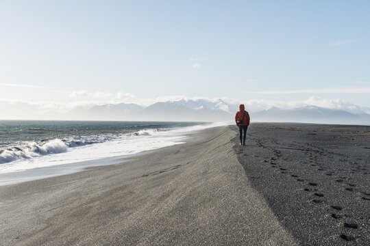 Man walking by the sea in the black sandy beach, lava beach, snow-capped mountains, Hvalnes Nature Reserve, South Iceland, Iceland