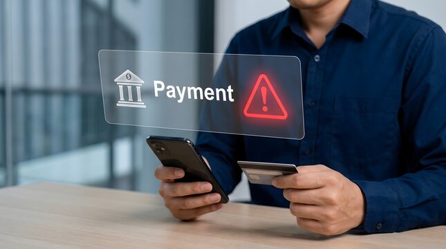 A person experiencing an online financial transaction setback with a prominent digital alert for payment failure on a smartphone, highlighting a critical digital banking issue and security concern