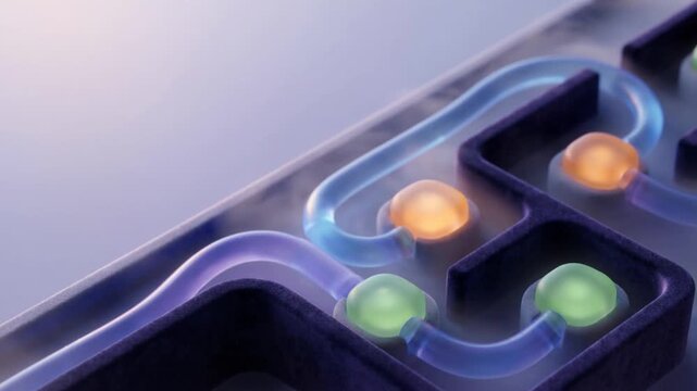 3D Animation of Microfluidic Chip with Glowing Particles Flowing Through Laboratory Device Channels