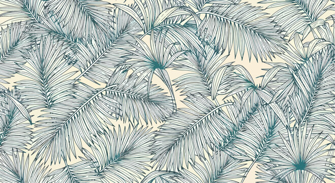 Seamless repeating pattern of stylized tropical palm fronds and exotic botanical leaves in a decorative vector composition, suitable for textile design, wallpaper, and background decor.