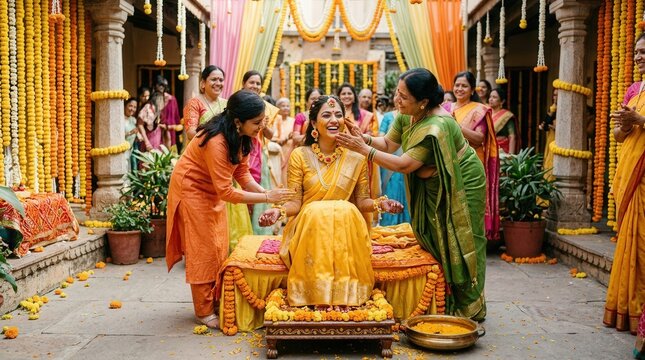 Joyful indian bride receiving haldi paste from family in a vibrant yellow courtyard during pre-wedding ritual