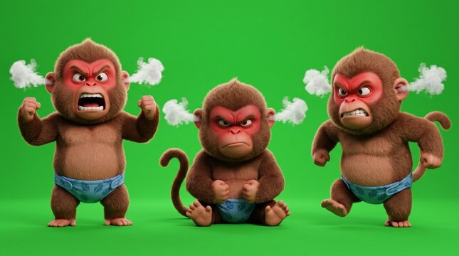 Three Angry Cartoon Monkeys with Steam Coming from Ears 2.