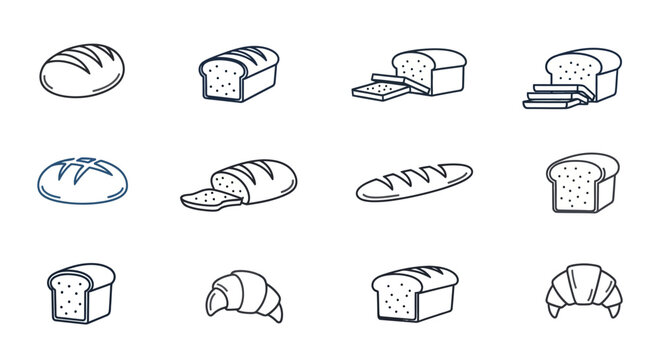Variety of bread loaves and pastries vector illustration set on white