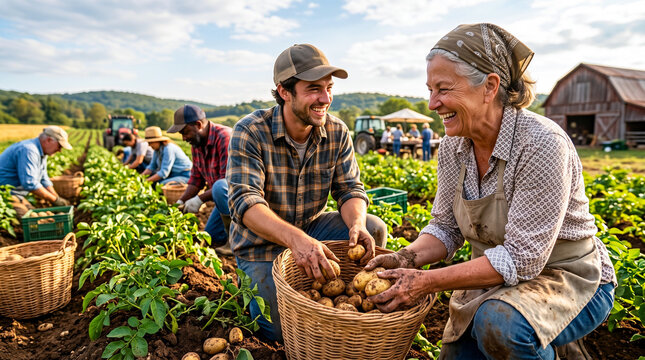 Cheerful community farmers harvesting potatoes together