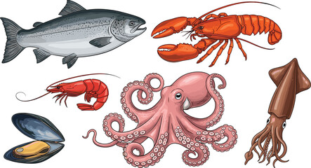 Realistic seafood vector set. Fresh salmon fish, red lobster, and pink octopus icons. Squid, shrimp, and mussel isolated on white background for menu design. © ALINA