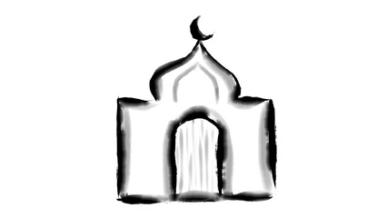 Minimalist black and white drawing of a mosque with crescent moon, Islamic architecture illustration, Muslim faith symbol, artistic graphic design element, transparent background. © Atheefa