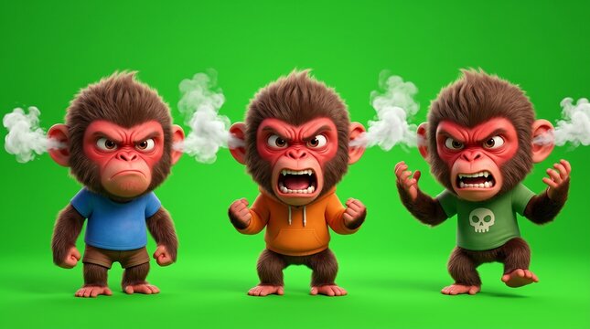 Three Angry Cartoon Monkeys with Steam Coming from Ears 3.