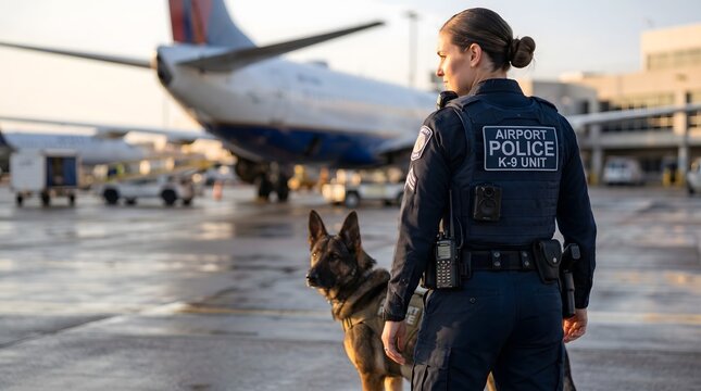 A law enforcement officer with a K9 unit dog stands alert on an airport tarmac with a large passenger airplane in the background