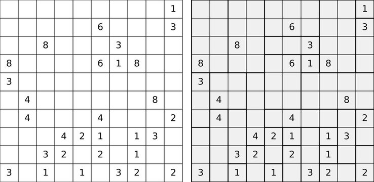 Kakuro puzzle series with cross-sum grids and filled solutions. Clean vector illustration for logic games, brain teasers, and printable activity worksheets.