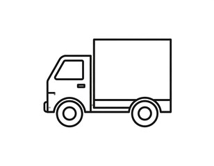 Fototapeta premium A simple, black-outlined illustration of a delivery vehicle, showcasing its side profile. The truck has a boxy cargo area