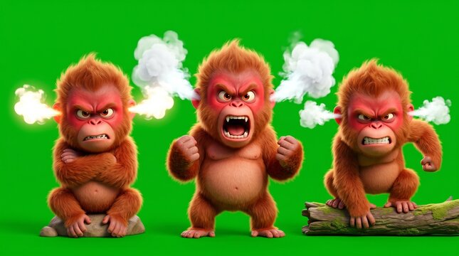 Three Angry Cartoon Monkeys with Steam Coming from Ears.