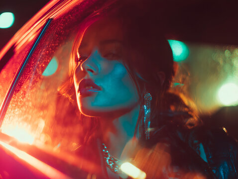 Retrato nocturno de mujer joven con luces de ne&oacute;n cinem&aacute;ticas y reflejos urbanos, est&eacute;tica futurista y vida nocturna urbana con retrato de chica joven en ambiente de ne&oacute;n