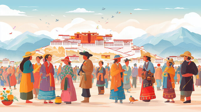 A crowd of people in traditional clothing stands in front of a large historic palace on a sunny day