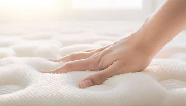 Macro shot of hand pressing into puffy white mattress. soft, squishy texture provides feeling of comfort and relaxation in bright, sunlit bedroom