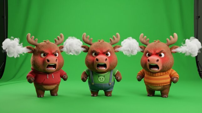 Three Angry Cartoon Moose Characters with Steam Coming from Their Ears.