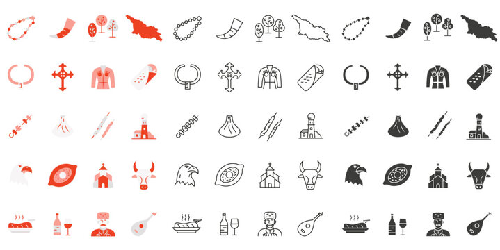A collection of icons in various styles featuring Georgian symbols. A collection of icons symbolizing Georgia.