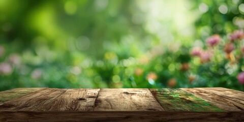 Fototapeta premium The wooden tabletop in a sunlit garden with blurred floral bokeh background for mockup
