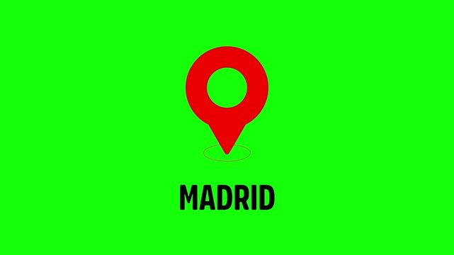 Red Location Pointers Moving Across Green Screen with Madrid Text and Black Stripes