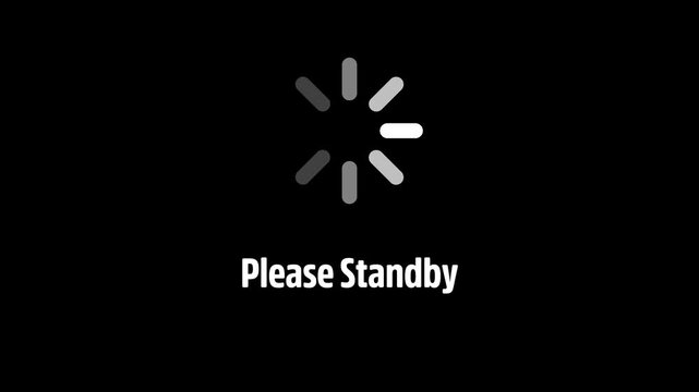 Please standby text with loading spinner icon animation, representing technical delays, software updates,and motion background 4k video animation.
