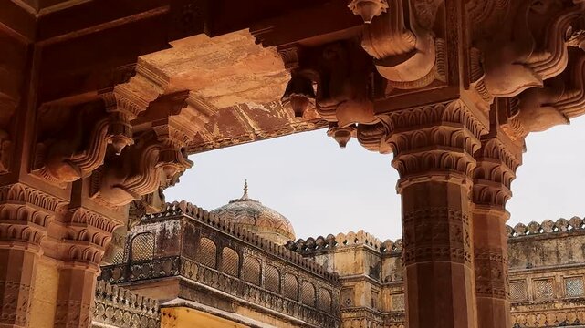 Jaipur, Rajasthan, India. Amber Fort. Slow Motion Pigeons Fly Above Towers Of Amer Fort Or Amber Fort, Amer. Amer Palace Is Great Example Of Rajput Architecture. Interior detail architecture with many