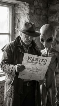 A man in a hat and trench coat holds a wanted poster for a UFO while an alien stands beside him.