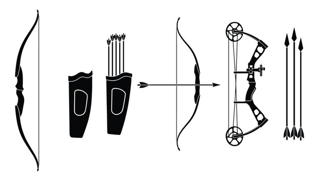 Archery equipment collection with recurve and compound bows quiver of arrows flat graphics.