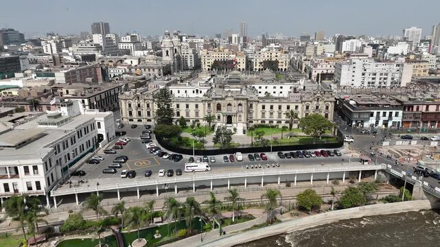 Lima Skyline In Lima Metropolitan Region Peru. Aerial View Of Famous Governement Building Of The Country. Business Sky Clouds Downtown Cityscape. Business Backgrounds Famous.