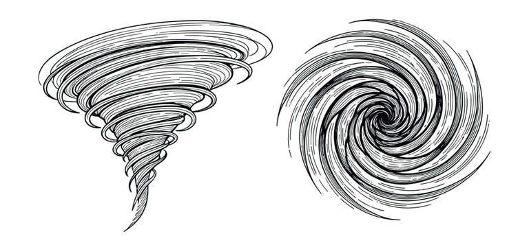 Vintage style hand drawn tornado and hurricane spiral swirl vectors on transparent backdrop.