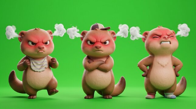 Three Angry Cartoon Otters with Steam Coming from Their Heads.