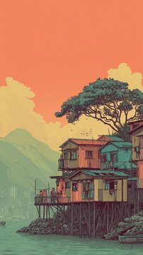 A view of colorful wooden stilt houses built along the water near a mountain during a beautiful sunset