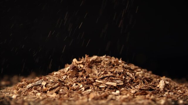 Dried tobacco strands fall onto dark surface forming a central pile with scattered flakes captured under harsh light