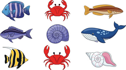 Colorful cartoon fish and seafood vector set. Crab, whale, fish, shellfish, snail shell in isolated style. Fun marine animals, playful underwater characters, kids illustration, ocean-themed vector. © ALINA