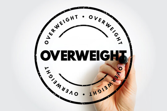 OVERWEIGHT shown as a circular bold black stamp held by a hand, creating a medical-descriptor style label suitable for informational materials, health awareness content, or classification graphics