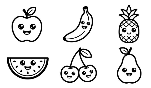 Cute fruit cartoon characters vector illustration set bold black and white outline for KDP coloring book and stickers of apple banana and pineapple