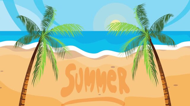 Summer season lettering on sandy beach with palm trees and blue ocean background animation footage.