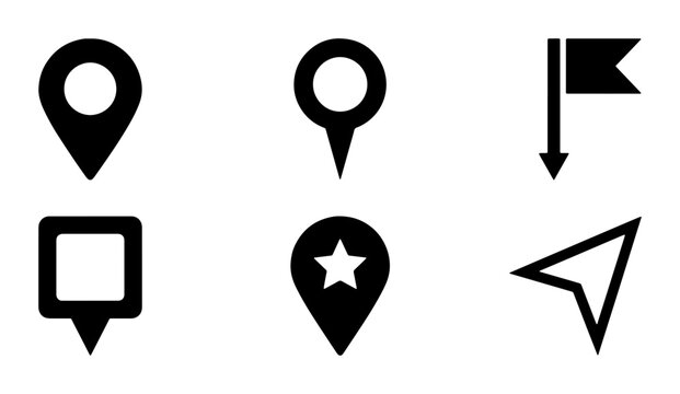 Location Pin Icons, Navigation Markers, Map Pointers, Geo Tag Symbols, Set of 6 Black Vector Graphics for Travel and Business