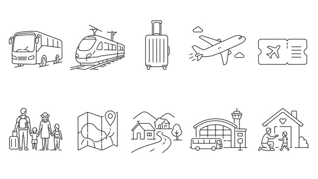 Travel vector icons and illustrations with hot air balloon transport illustrations suitcase airplane location mountains terminal building vacation adventure destination helicopter