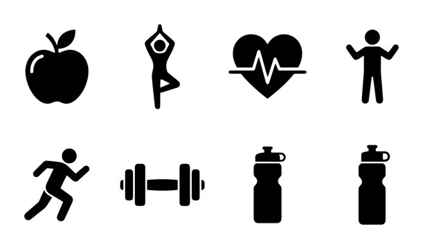 Health and Fitness Icons: Apple, Yoga Pose, Heartbeat, Runner, Dumbbell, Water Bottles, Stick Figures - Vector Set for Wellness and Exercise
