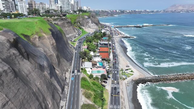 Miraflores Skyline In Lima Capital City Peru. Powerful Landscape Of The Vehicles In A Famous Road . Paradise Landscape Grateful Wanderlust. Summertime Grateful Coast. Lima Capital City.