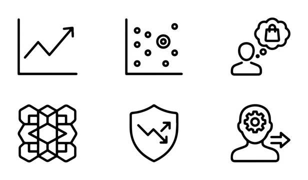 Business Data Icons Set: Analytics Graph, Scatter Plot, Shopping Cart Thought Bubble, Geometric Pattern, Shield Security, Cogwheel Mind, Vector Graphics for Marketing & Strategy