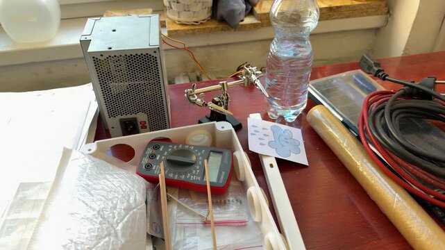 Electronics tools and components scattered across a workbench, including a multimeter, power supply unit, wires, and small parts near a window.