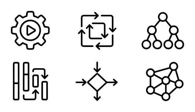 Process Flow Icons Set, Algorithm Symbols, Data Structure Graphics, Workflow Diagrams, Network Nodes, System Logic Vector Graphics