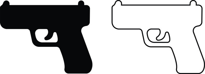 Handgun pistol firearm set collection group icons, gun weapon vector pack, shooting pistol silhouette and outline flat line black style isolated design elements bundle © Asia