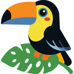 Fototapeta premium A colorful toucan perches on a large green leaf in the jungle.