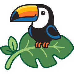 Fototapeta premium A colorful toucan perches on a large green leafy tropical plant branch outdoors