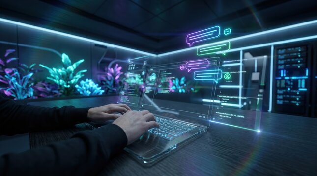Person typing on futuristic keyboard in neon lit room with virtual