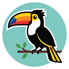 Fototapeta premium A colorful toucan perches on a branch with leaves in a natural setting.