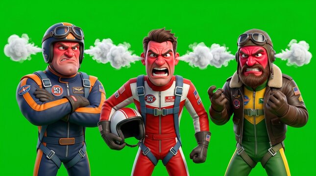 Three Angry Cartoon Pilots with Steam Erupting from Their Heads.