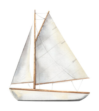 Watercolor illustration of sailing boat. Sloop. Hand-drawn yacht isolated on white background
