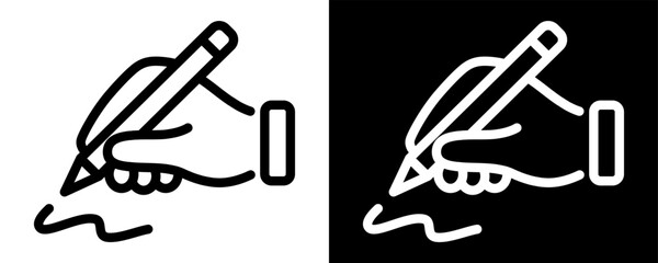 Hand writing icon with pen drawing line. Outline pictogram for signature, document, education, business and creative writing concepts. Black and white vector illustration. © IRYNA